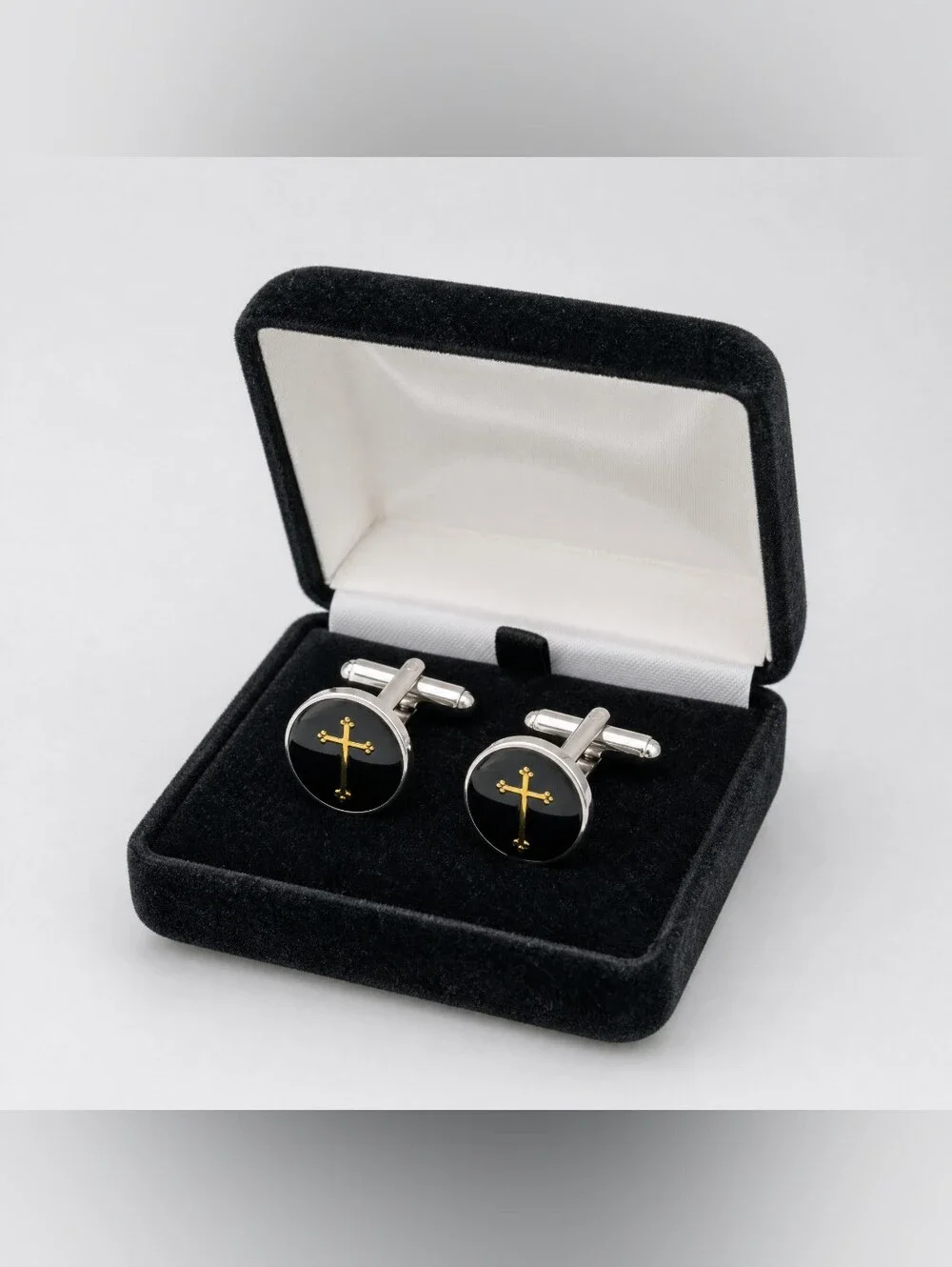Raffinati Black & Gold Religious Cross Round Silver Tone Cufflinks